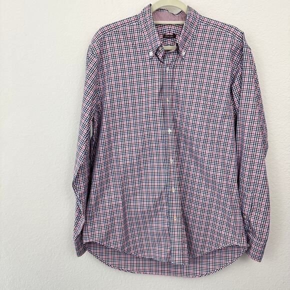 J. Mclaughlin Mens Button Down Shirt Size L Long Sleeve Gingham 100% Cotton Red - Picture 1 of 6